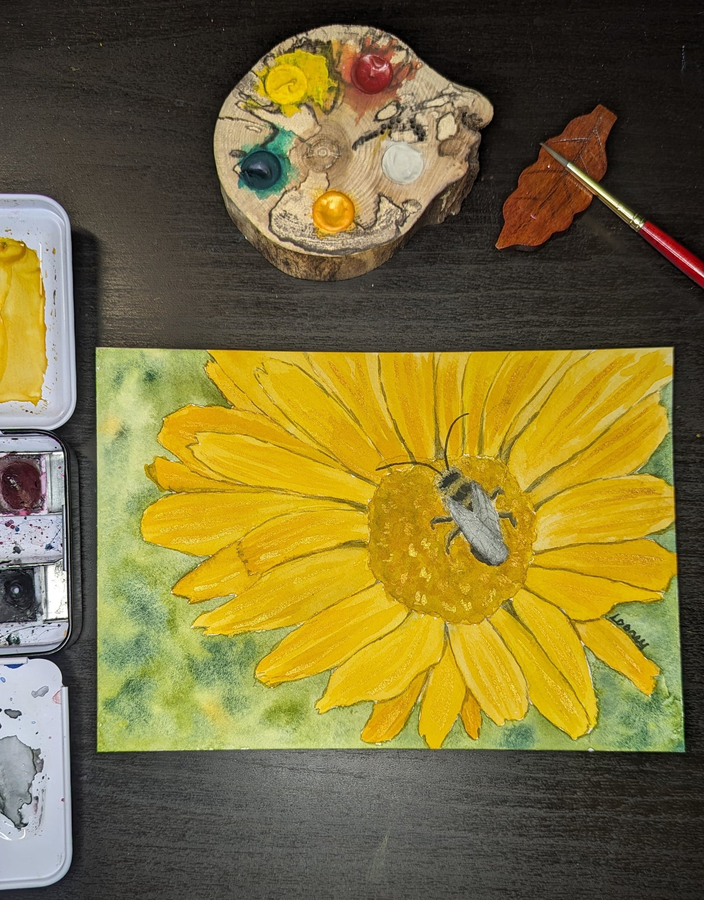 Original Painting - Calendula with Bee 7x5